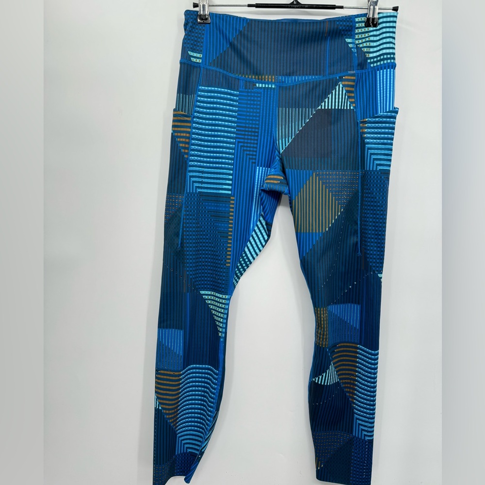 Brooks Large Method 7/8 Tight Women Blue Geometric Print Running Leggings Pocket